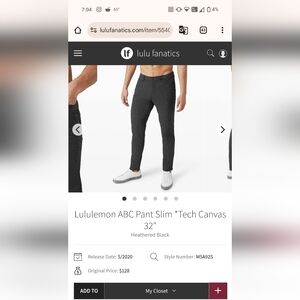 Lululemon ABC Pant Slim *Tech Canvas 35